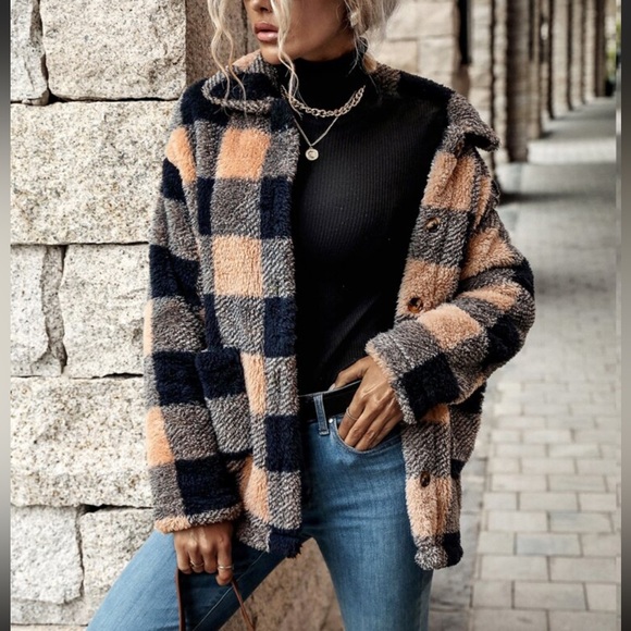 Jackets & Coats Cozy Buffalo Plaid Pattern Pocket Flannel Teddy